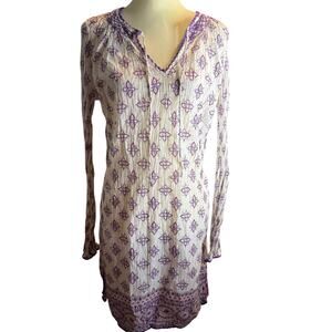 Athleta Tallulah Beach Coverup Tunic, White & Purple, Boho Embroidered, Large